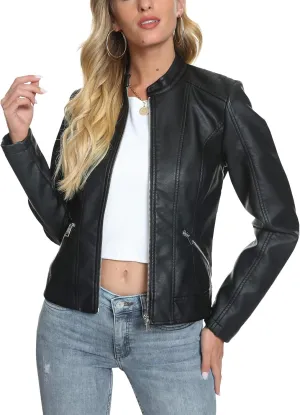 Fahsyee Zip Leather Jackets for Women Motorcycle Faux PU Moto Biker Outwear Coat