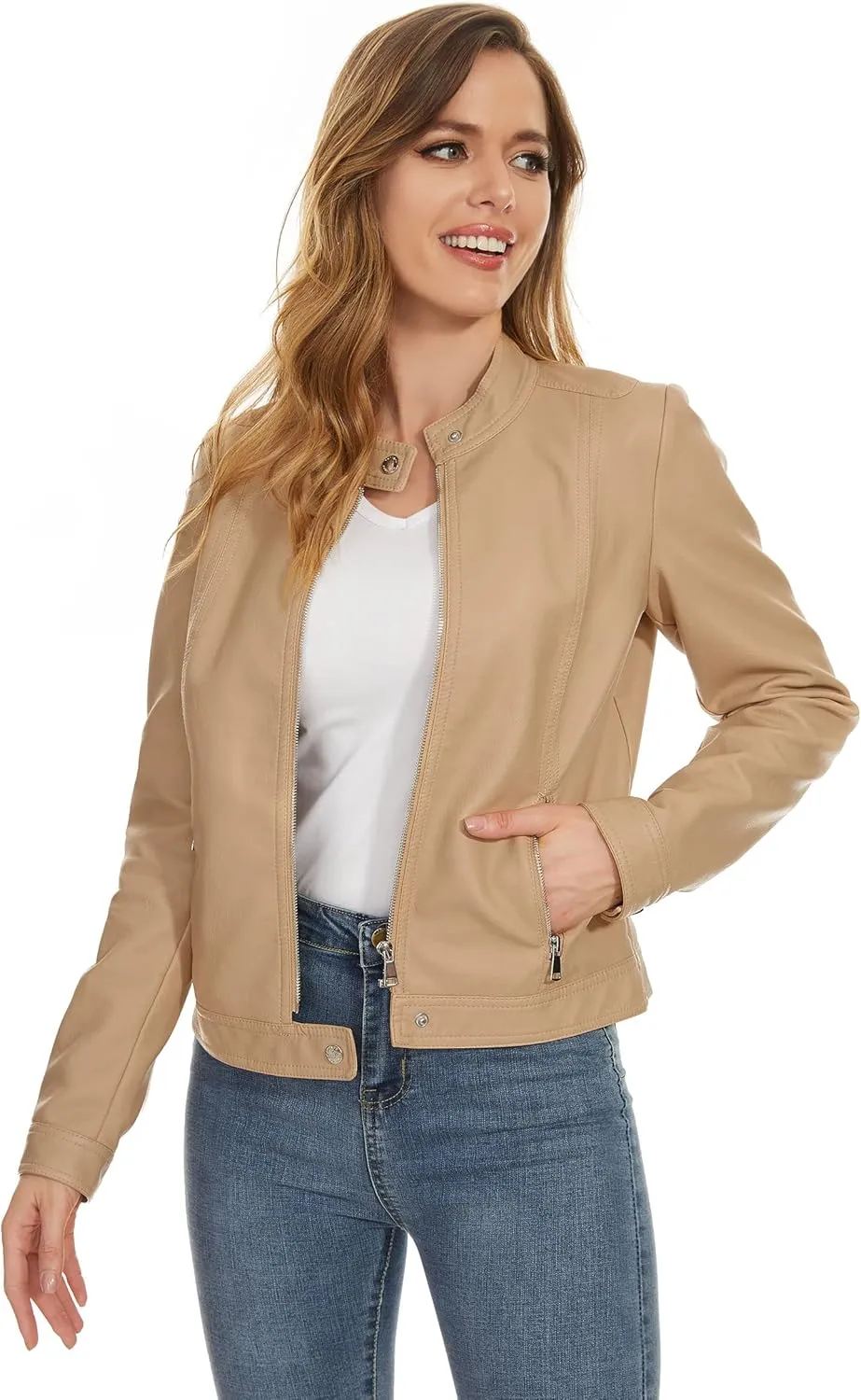 Fahsyee Zip Leather Jackets for Women Motorcycle Faux PU Moto Biker Outwear Coat