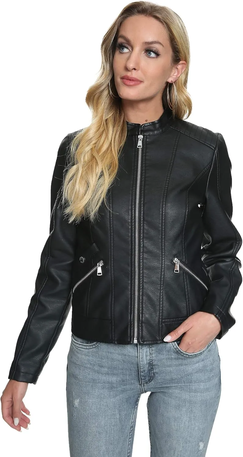 Fahsyee Zip Leather Jackets for Women Motorcycle Faux PU Moto Biker Outwear Coat