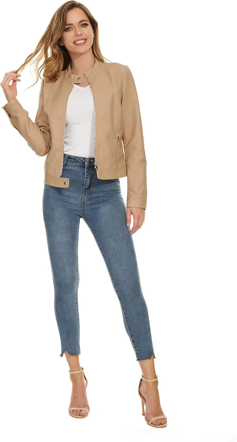 Fahsyee Zip Leather Jackets for Women Motorcycle Faux PU Moto Biker Outwear Coat