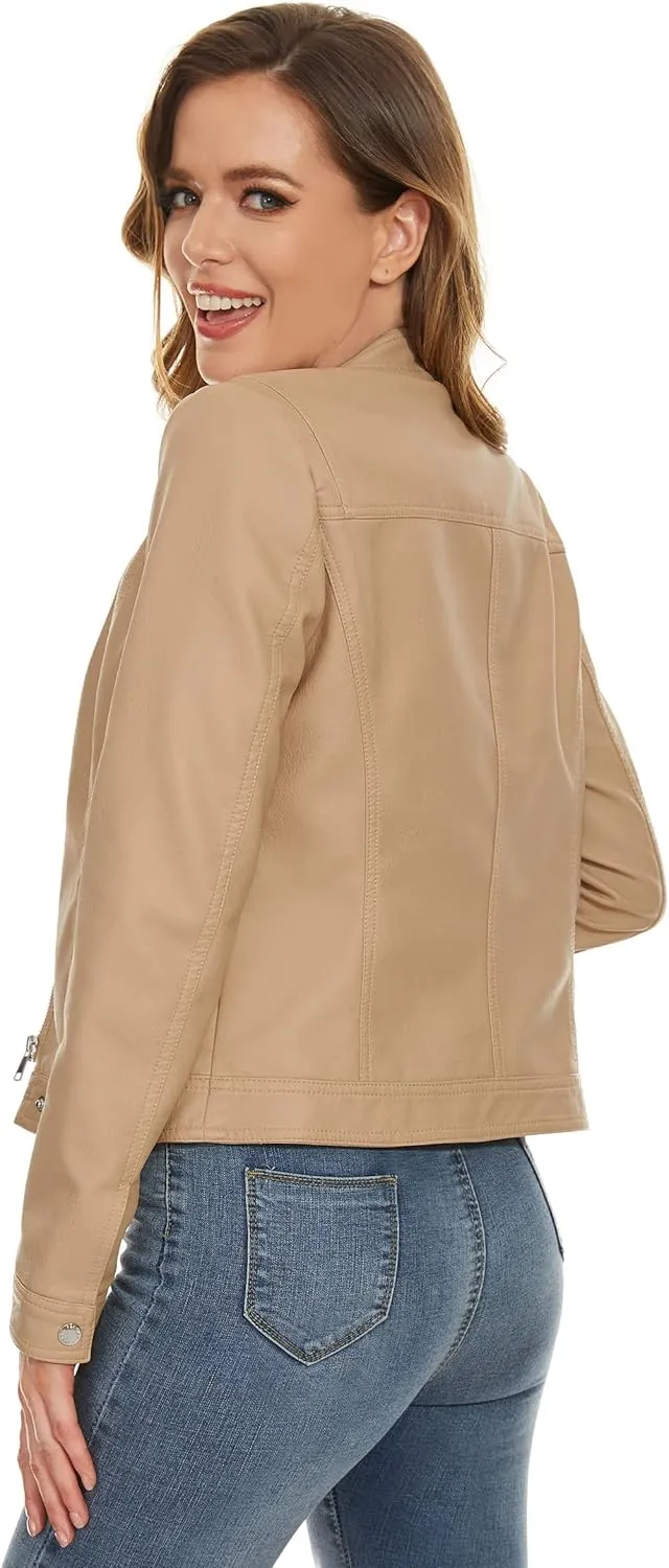 Fahsyee Zip Leather Jackets for Women Motorcycle Faux PU Moto Biker Outwear Coat