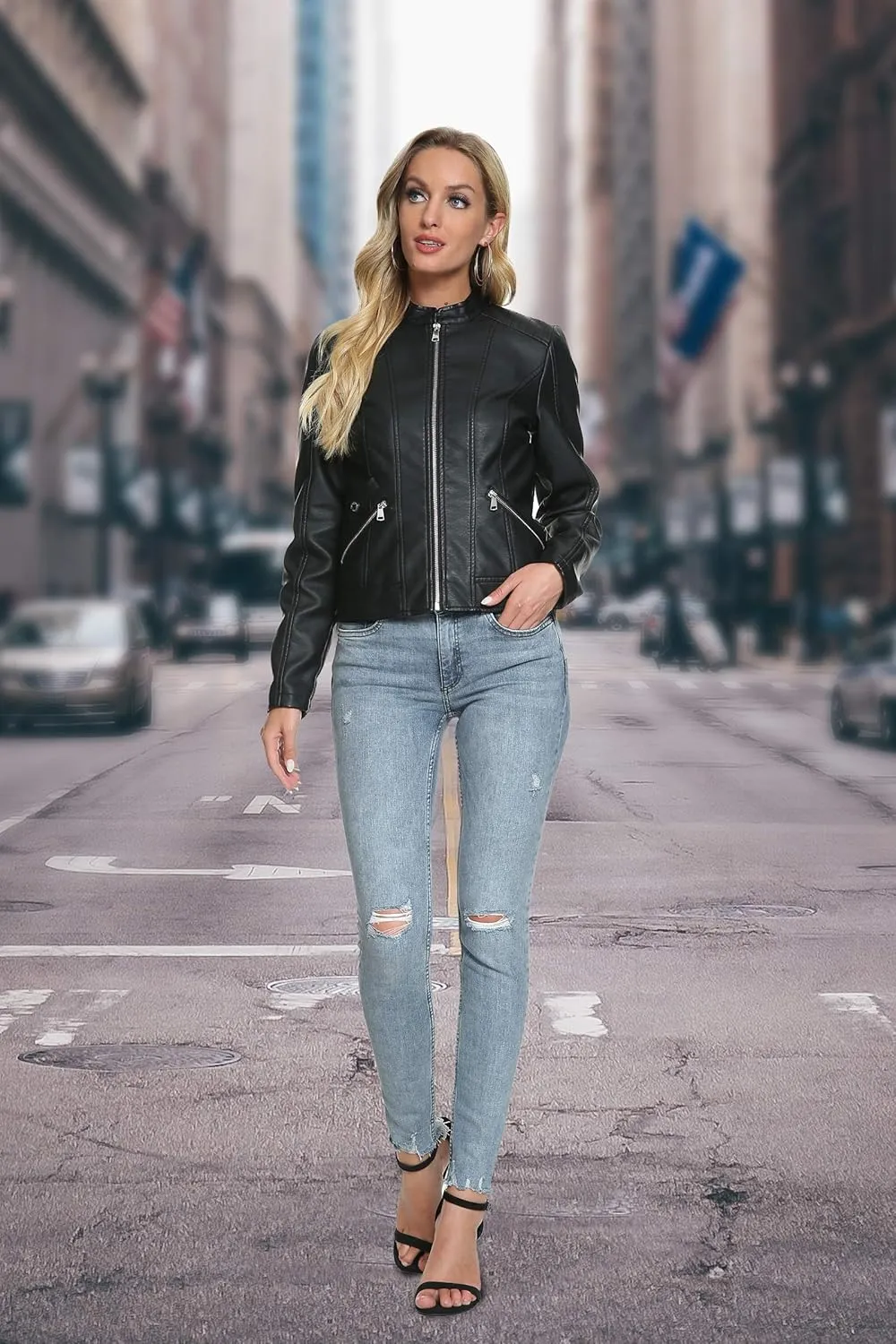 Fahsyee Zip Leather Jackets for Women Motorcycle Faux PU Moto Biker Outwear Coat
