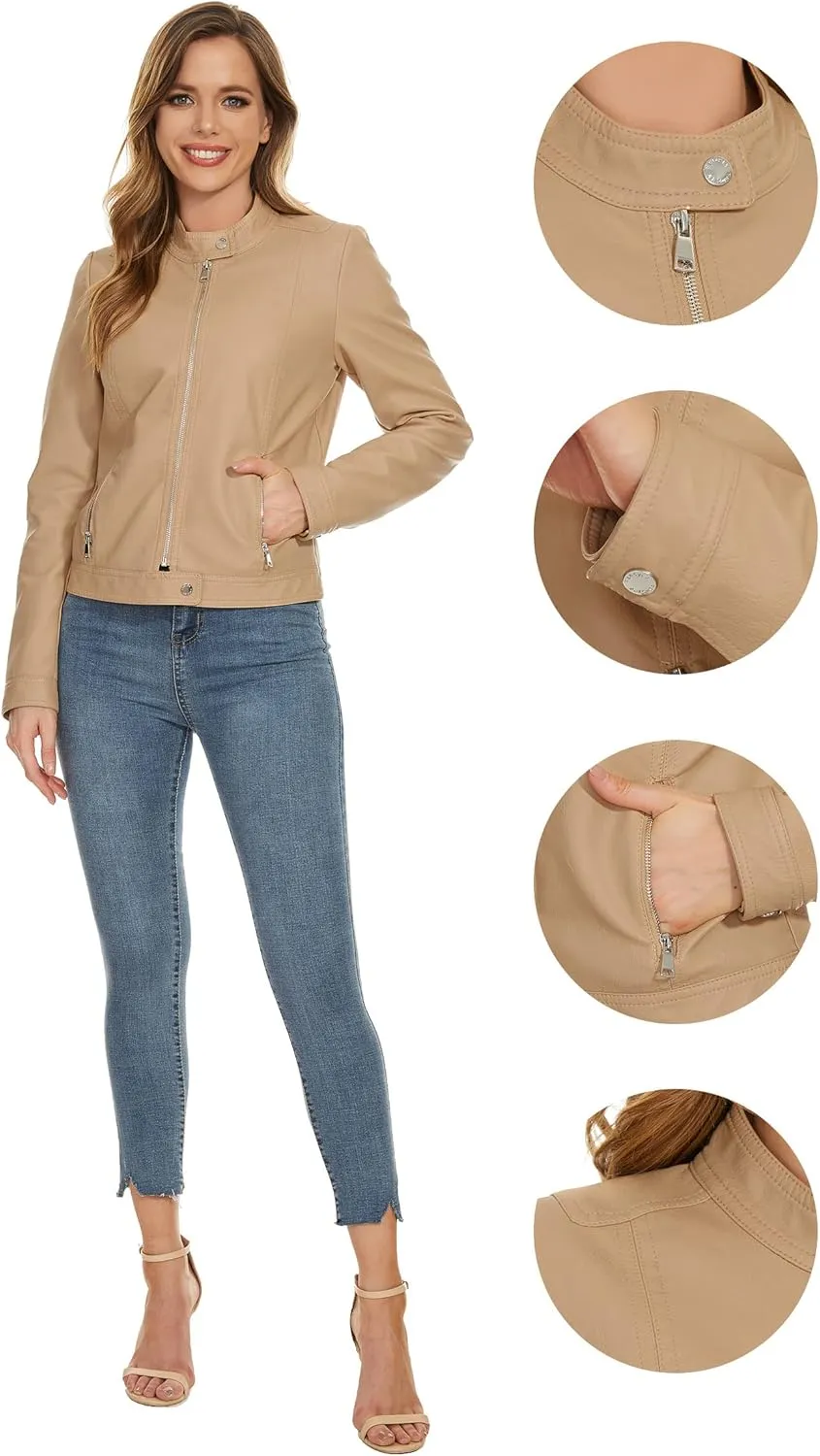Fahsyee Zip Leather Jackets for Women Motorcycle Faux PU Moto Biker Outwear Coat