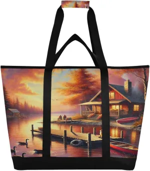 Fall House Lake Tote Bag for Women with Zipper Reusable Grocery Bags Foldable Insulated Cooler Bag Shopping Bags Handbags Totes for Groceries Travel Picnic Beach Work