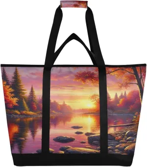 Fall River Sun Tote Bag for Women with Zipper Reusable Grocery Bags Foldable Insulated Cooler Bag Totes Shopping Bags Handbags for Groceries Picnic Beach Travel Work