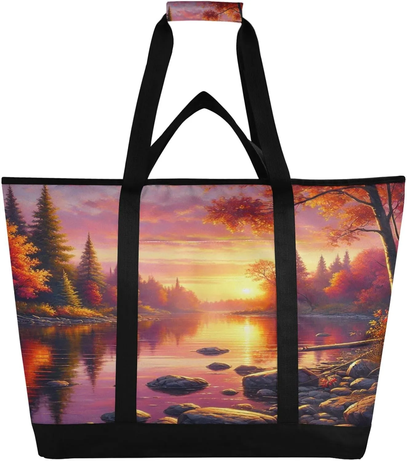 Fall River Sun Tote Bag for Women with Zipper Reusable Grocery Bags Foldable Insulated Cooler Bag Totes Shopping Bags Handbags for Groceries Picnic Beach Travel Work