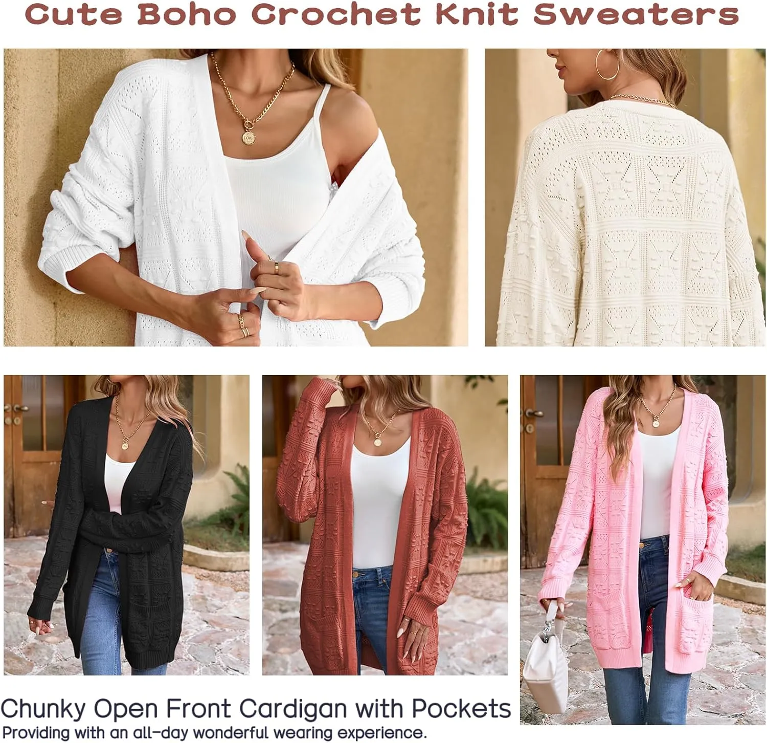 Famulily Womens Boho Crochet Knit Sweaters Cardigan Long Sleeve Chunky Fall Open Front Cardigan with Pockets