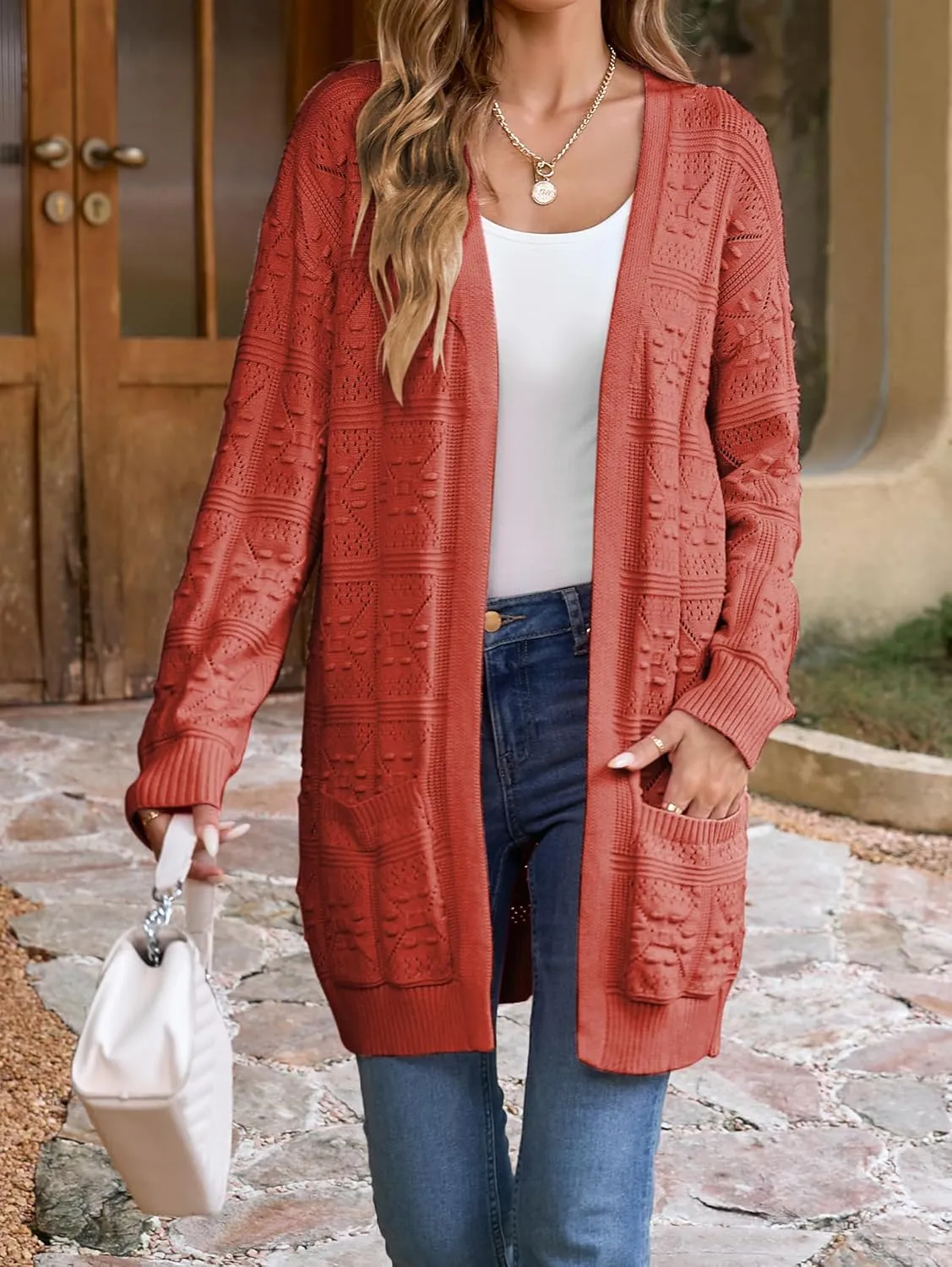 Famulily Womens Boho Crochet Knit Sweaters Cardigan Long Sleeve Chunky Fall Open Front Cardigan with Pockets