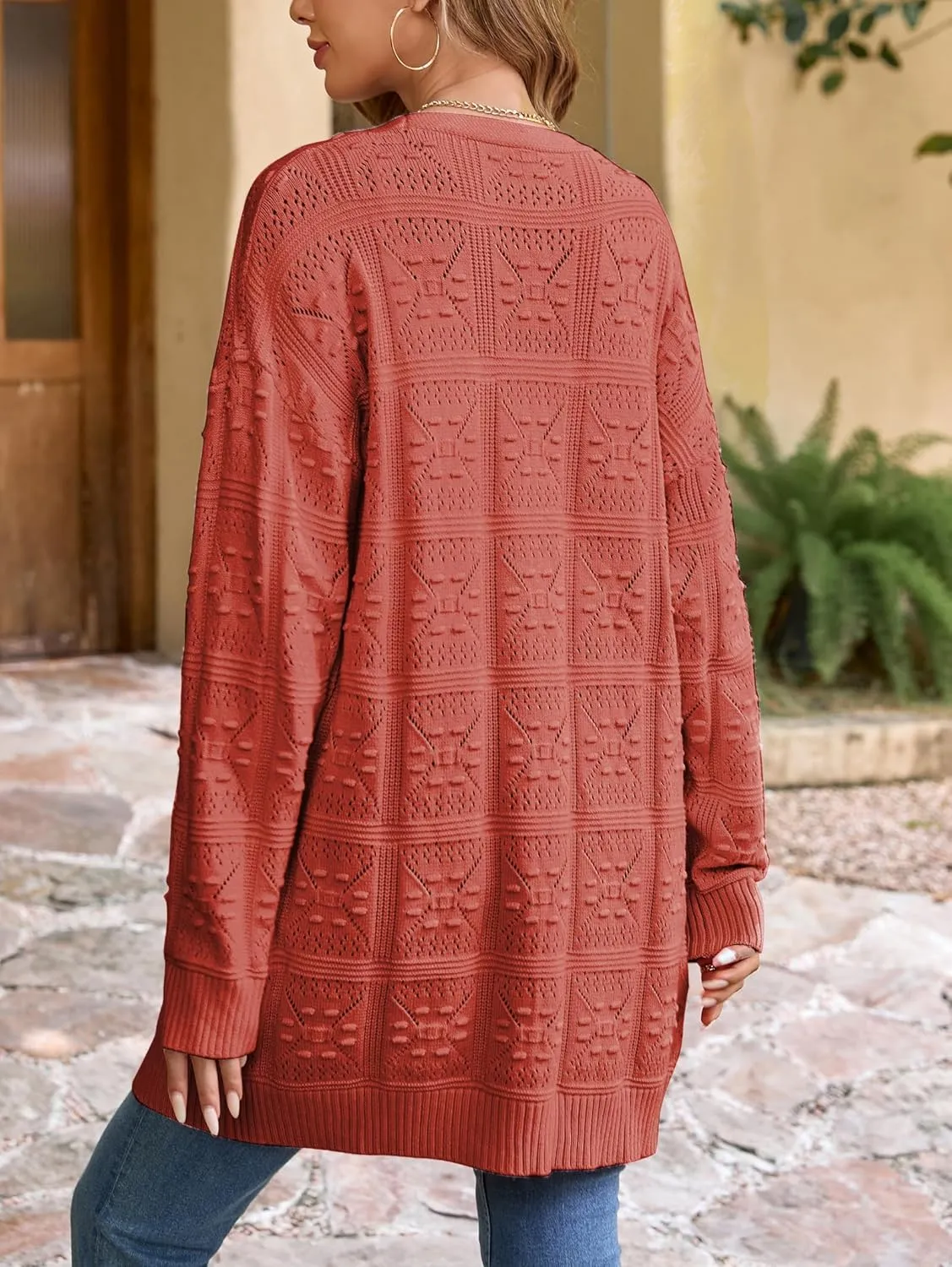 Famulily Womens Boho Crochet Knit Sweaters Cardigan Long Sleeve Chunky Fall Open Front Cardigan with Pockets
