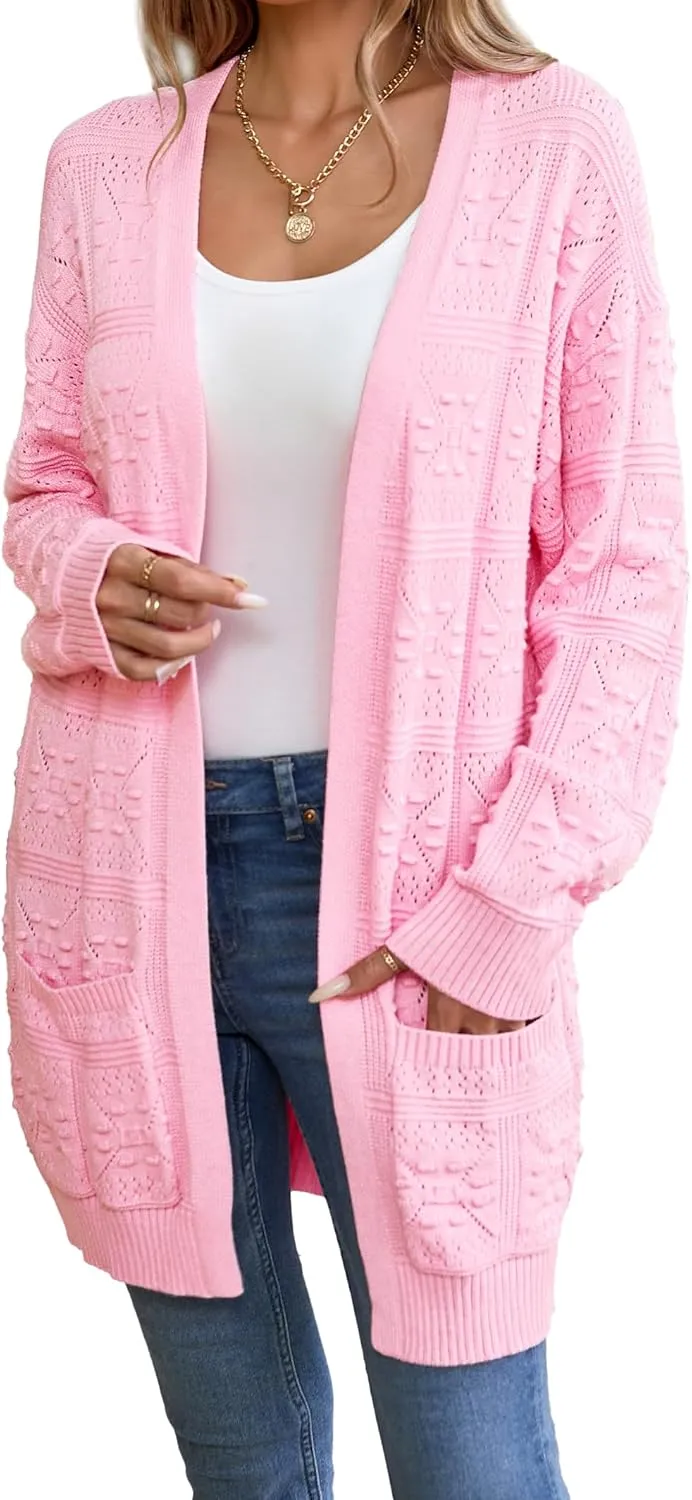 Famulily Womens Boho Crochet Knit Sweaters Cardigan Long Sleeve Chunky Fall Open Front Cardigan with Pockets