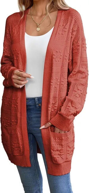Famulily Womens Boho Crochet Knit Sweaters Cardigan Long Sleeve Chunky Fall Open Front Cardigan with Pockets