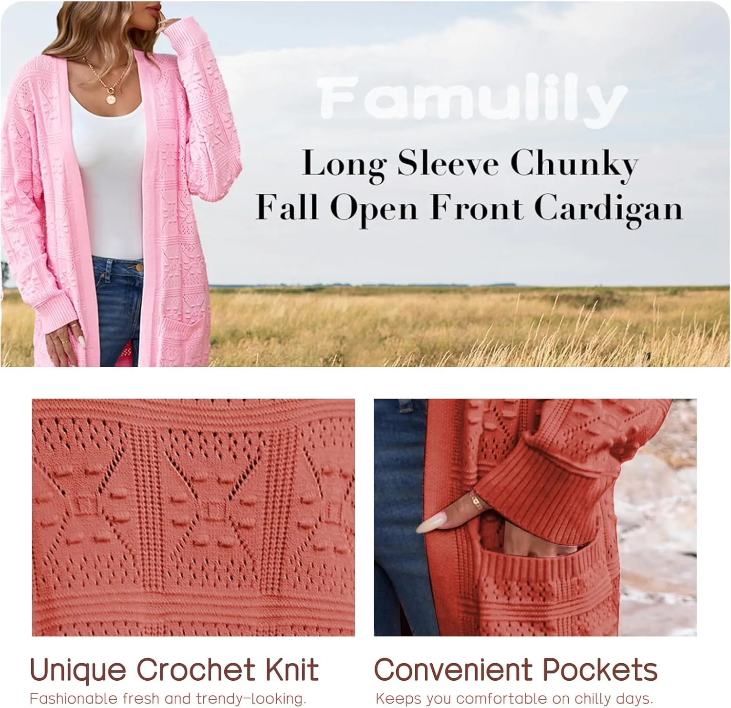 Famulily Womens Boho Crochet Knit Sweaters Cardigan Long Sleeve Chunky Fall Open Front Cardigan with Pockets