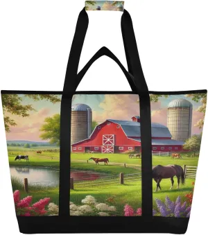Farm Red Barn Tote Bag for Women with Zipper Reusable Grocery Bags Foldable Insulated Cooler Bag Shopping Bags Handbags Totes for Groceries Beach Travel Work Picnic