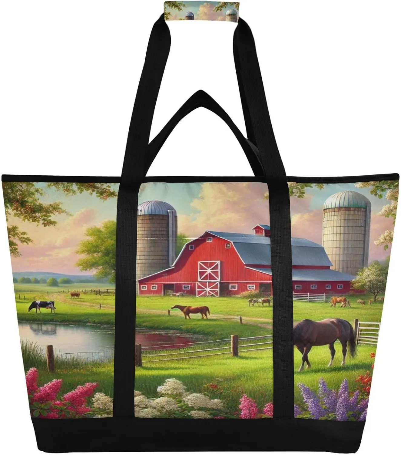 Farm Red Barn Tote Bag for Women with Zipper Reusable Grocery Bags Foldable Insulated Cooler Bag Shopping Bags Handbags Totes for Groceries Beach Travel Work Picnic