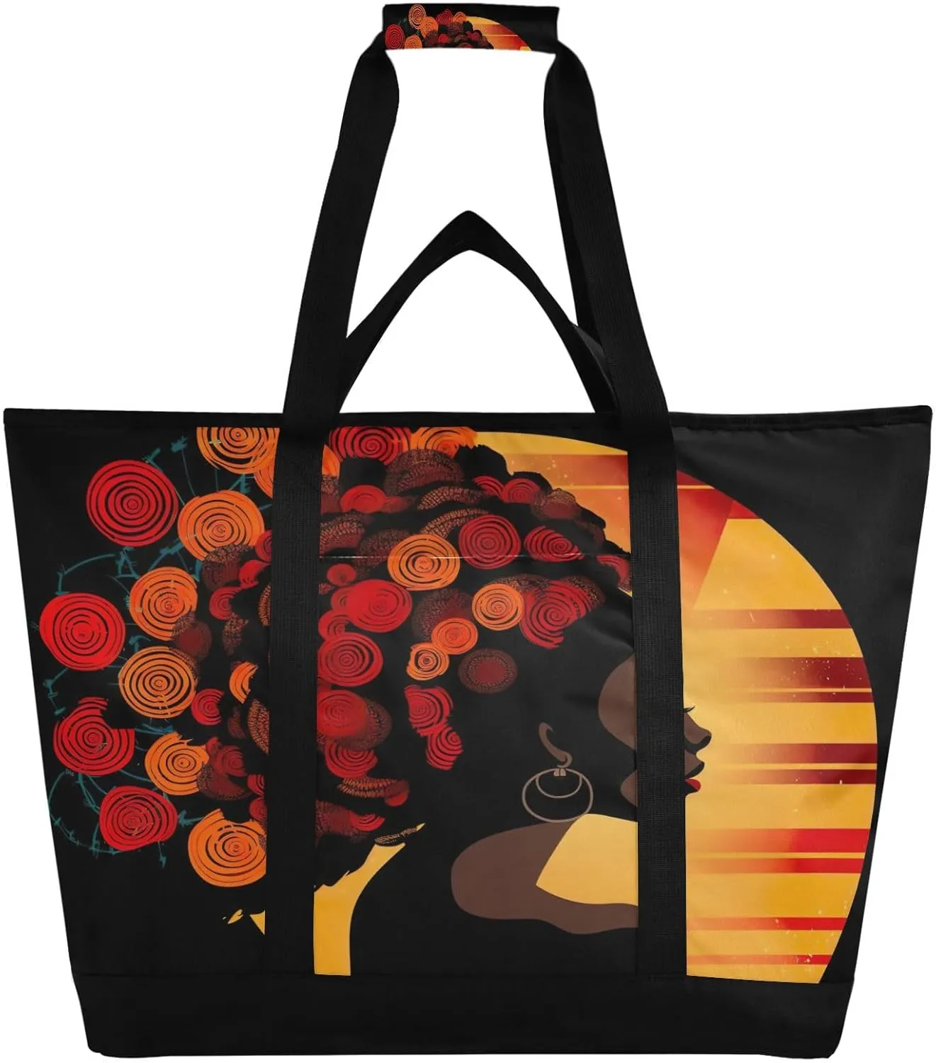 Fashion African Woman Tote Bag for Women with Zipper Reusable Grocery Bags Foldable Insulated Cooler Bag Handbags Shopping Bags Totes for Groceries Beach Picnic Travel Work