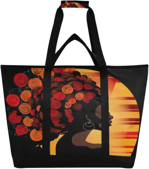 Fashion African Woman Tote Bag for Women with Zipper Reusable Grocery Bags Foldable Insulated Cooler Bag Handbags Shopping Bags Totes for Groceries Beach Picnic Travel Work