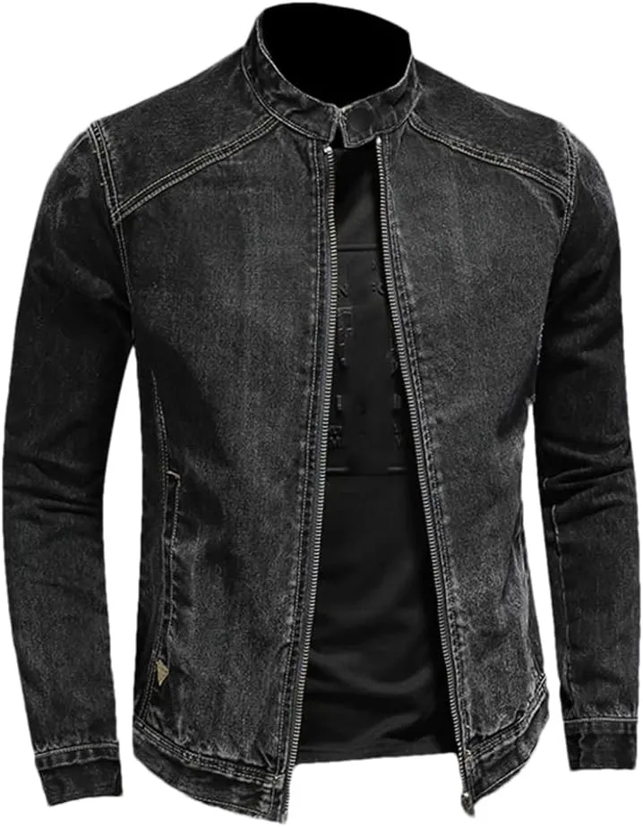 Fashion Trend Zipper Motorcycle Denim Jacket Men's Lapel Vintage Denim Jacket