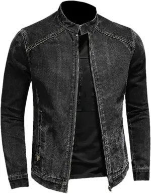 Fashion Trend Zipper Motorcycle Denim Jacket Men's Lapel Vintage Denim Jacket
