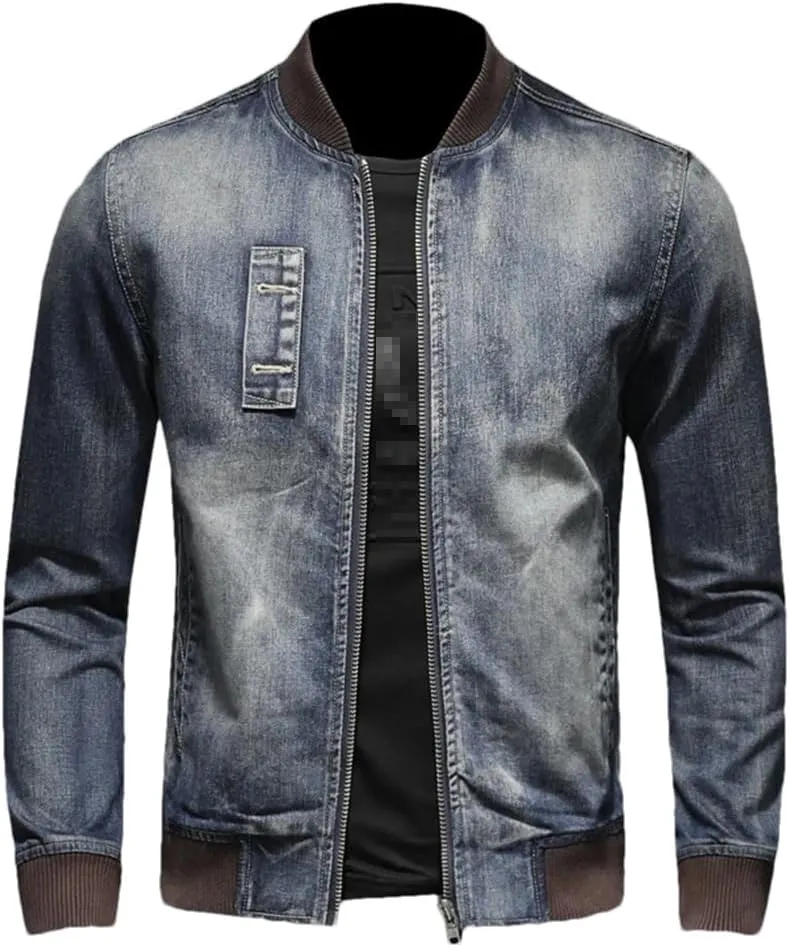 Fashion Trend Zipper Motorcycle Denim Jacket Men's Lapel Vintage Denim Jacket