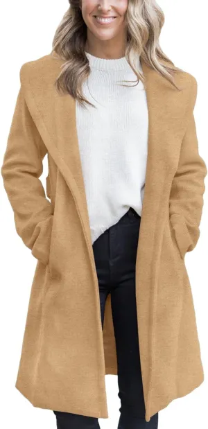Fazortev Women's Winter Pea Coat Big Lapel Open Front Long Jackets Belted With Pockets