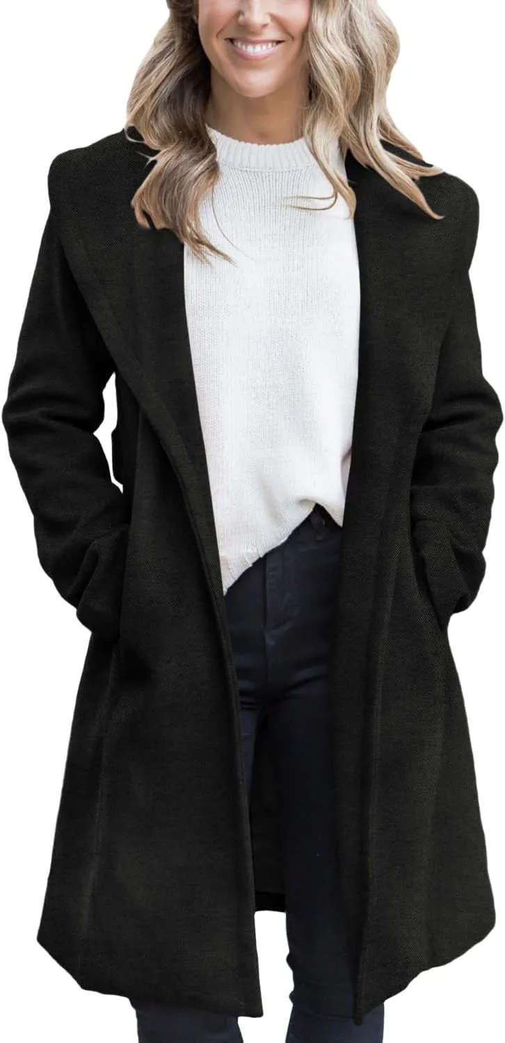 Fazortev Women's Winter Pea Coat Big Lapel Open Front Long Jackets Belted With Pockets