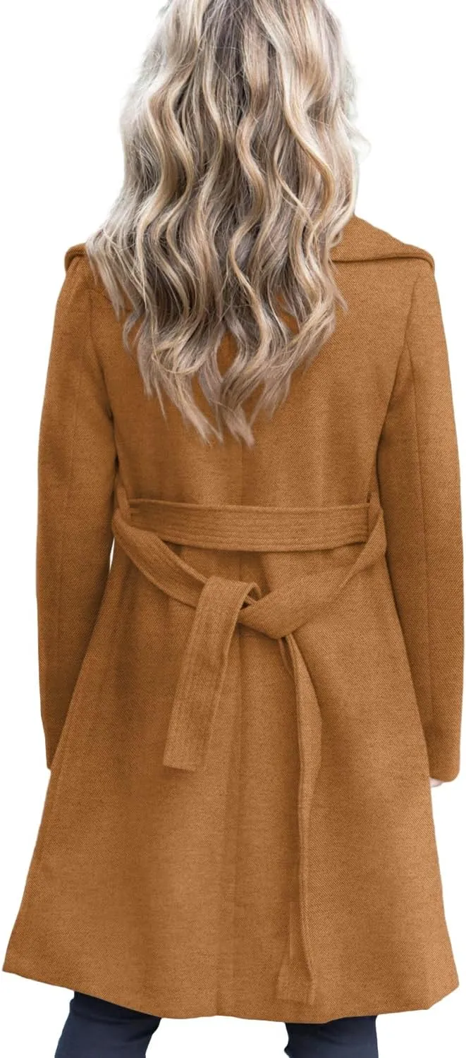 Fazortev Women's Winter Pea Coat Big Lapel Open Front Long Jackets Belted With Pockets