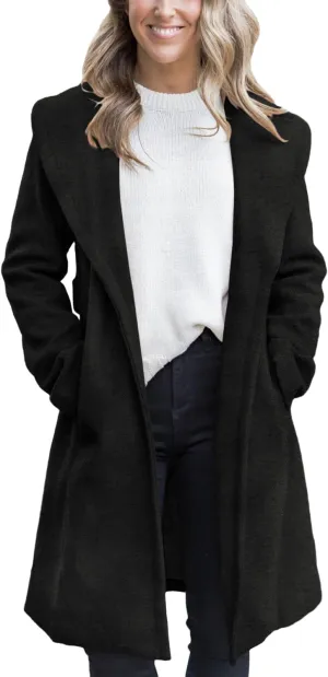 Fazortev Women's Winter Pea Coat Big Lapel Open Front Long Jackets Belted With Pockets