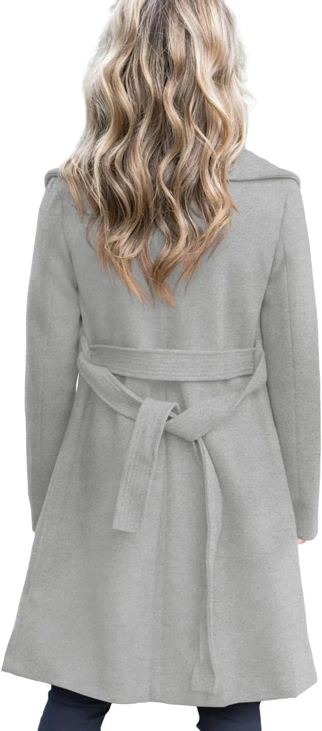 Fazortev Women's Winter Pea Coat Big Lapel Open Front Long Jackets Belted With Pockets