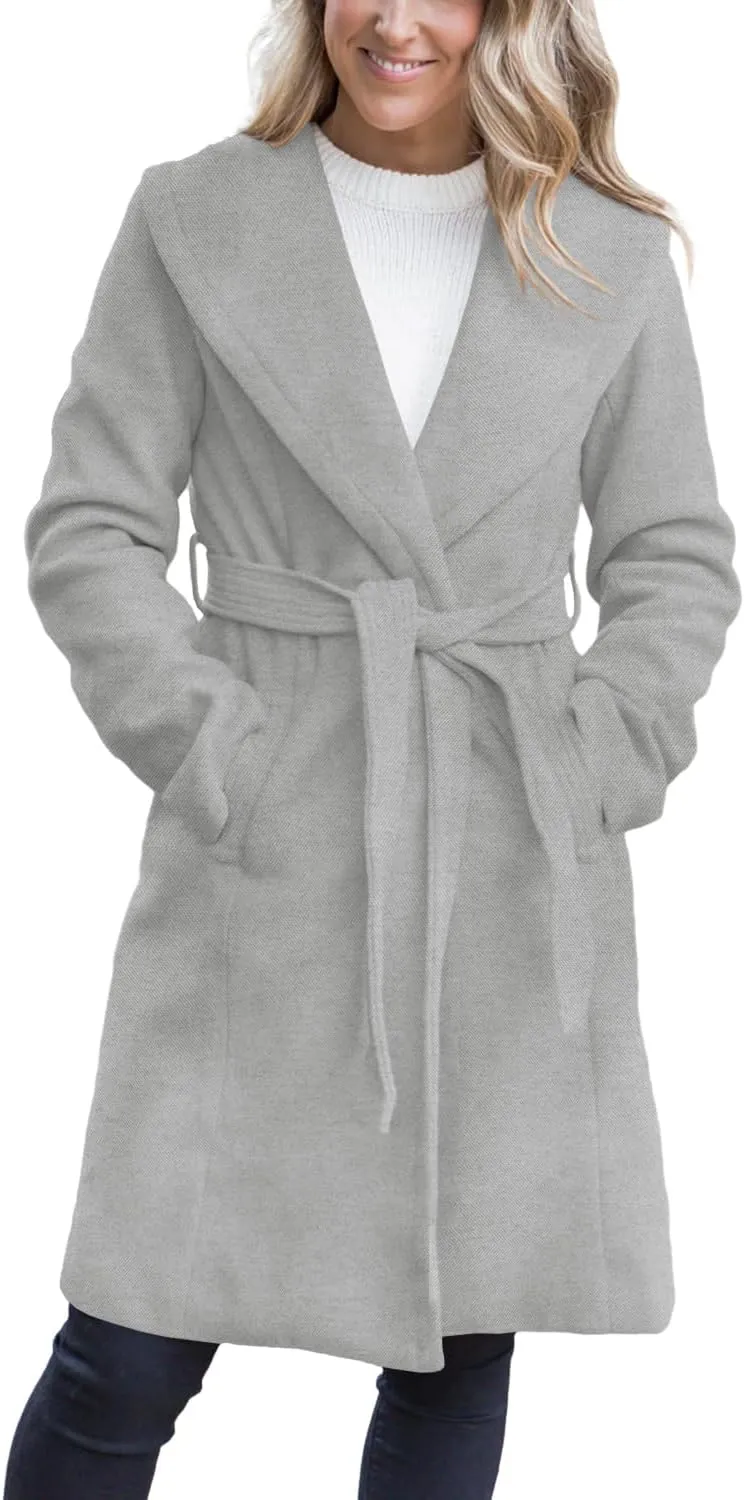 Fazortev Women's Winter Pea Coat Big Lapel Open Front Long Jackets Belted With Pockets