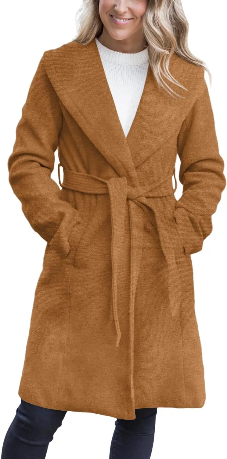 Fazortev Women's Winter Pea Coat Big Lapel Open Front Long Jackets Belted With Pockets