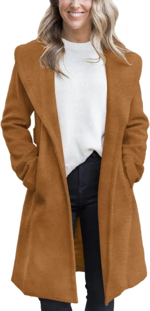 Fazortev Women's Winter Pea Coat Big Lapel Open Front Long Jackets Belted With Pockets