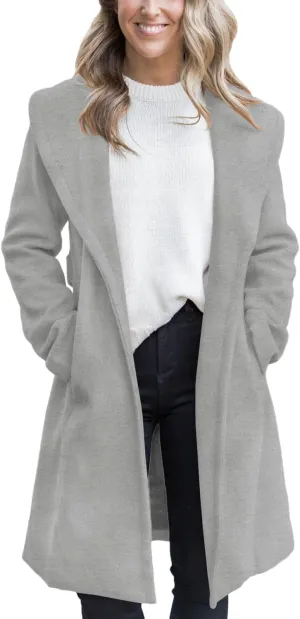 Fazortev Women's Winter Pea Coat Big Lapel Open Front Long Jackets Belted With Pockets