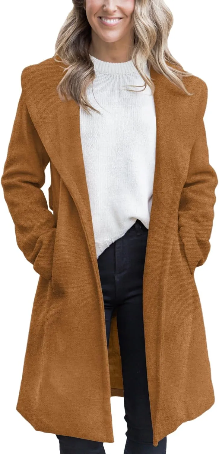 Fazortev Women's Winter Pea Coat Big Lapel Open Front Long Jackets Belted With Pockets