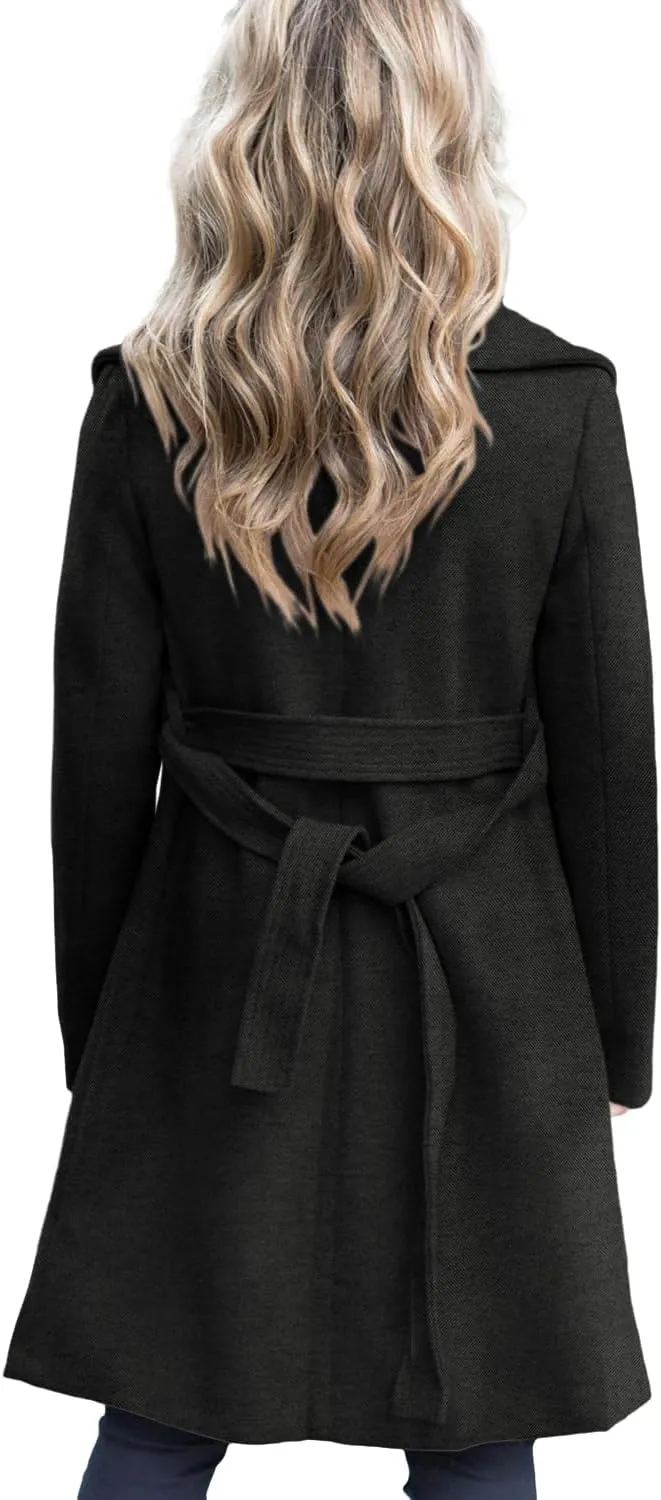 Fazortev Women's Winter Pea Coat Big Lapel Open Front Long Jackets Belted With Pockets