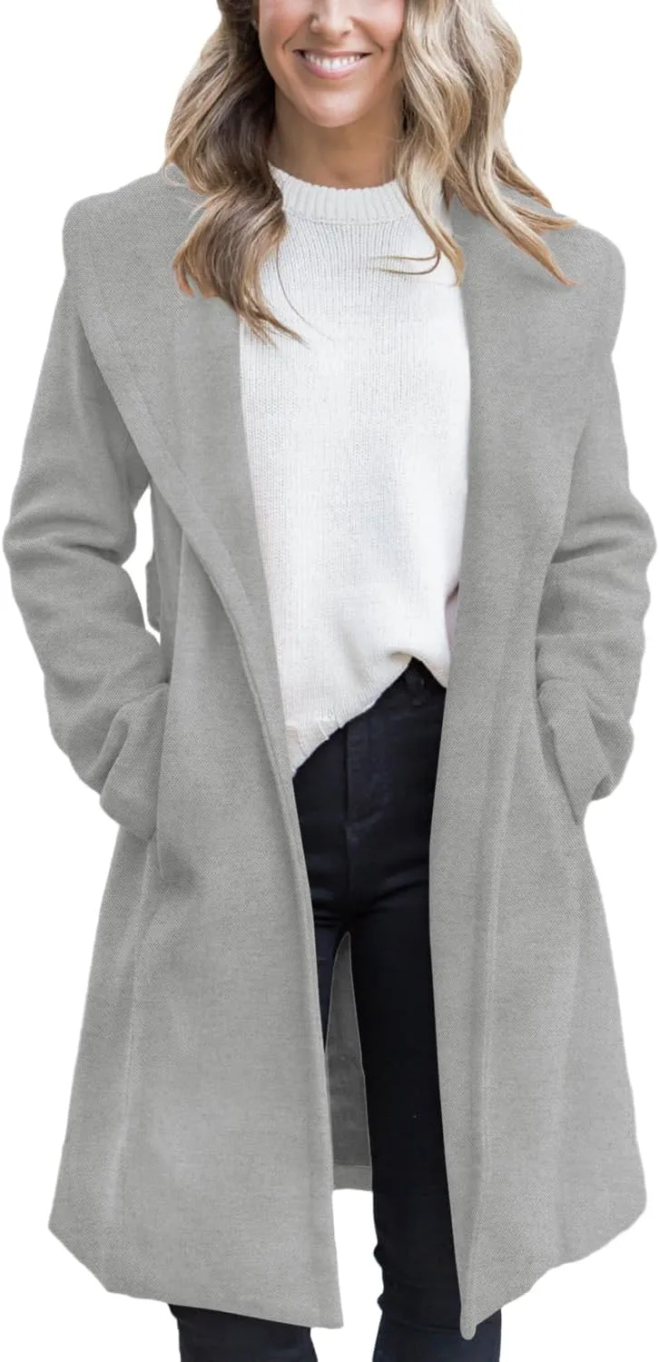 Fazortev Women's Winter Pea Coat Big Lapel Open Front Long Jackets Belted With Pockets