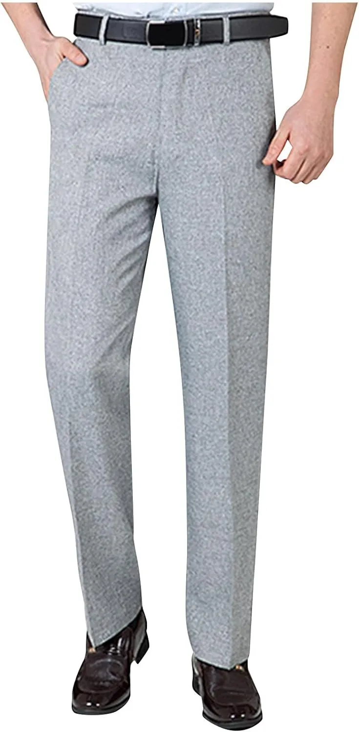 Finelylove Men's Linen Dress Pants Pleated Front Vintage Dress Pants Flex Twill Chino Pants Regular Fit Straight Leg