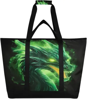 Fire Dragon Black Tote Bag for Women with Zipper Reusable Grocery Bags Foldable Insulated Cooler Bag Shopping Bags Handbags Totes for Groceries Work Picnic Travel Beach