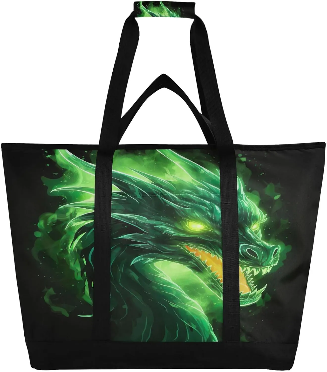 Fire Dragon Black Tote Bag for Women with Zipper Reusable Grocery Bags Foldable Insulated Cooler Bag Shopping Bags Handbags Totes for Groceries Work Picnic Travel Beach