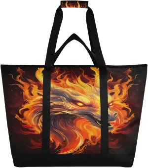 Fire Dragon Tote Bag for Women with Zipper Reusable Grocery Bags Foldable Insulated Cooler Bag Handbags Totes Shopping Bags for Groceries Picnic Travel Work Beach
