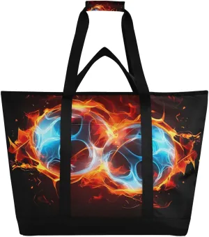 Fire Football Ball Tote Bag for Women with Zipper Reusable Grocery Bags Foldable Insulated Cooler Bag Handbags Shopping Bags Totes for Groceries Picnic Travel Beach Work
