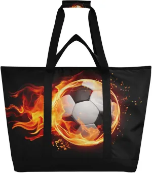 Fire Football Ball Tote Bag for Women with Zipper Reusable Grocery Bags Foldable Insulated Cooler Bag Shopping Bags Totes Handbags for Groceries Picnic Beach Travel Work