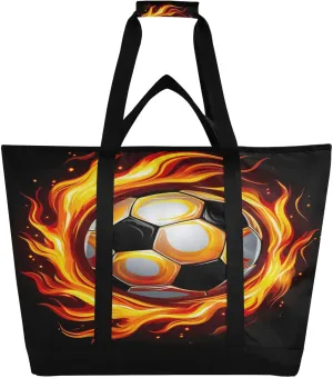 Fire Red Soccer Tote Bag for Women with Zipper Reusable Grocery Bags Foldable Insulated Cooler Bag Shopping Bags Handbags Totes for Groceries Travel Beach Work Picnic