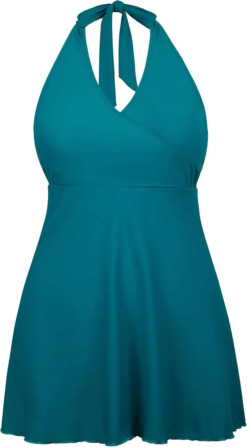 Firpearl Underwire One Piece Swimdress for Women Halter V Neck Wrap Swimsuit Flowy Tummy Control Skirt Bathing Suit