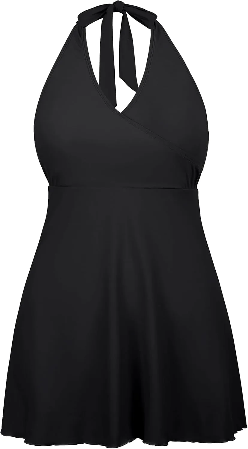 Firpearl Underwire One Piece Swimdress for Women Halter V Neck Wrap Swimsuit Flowy Tummy Control Skirt Bathing Suit