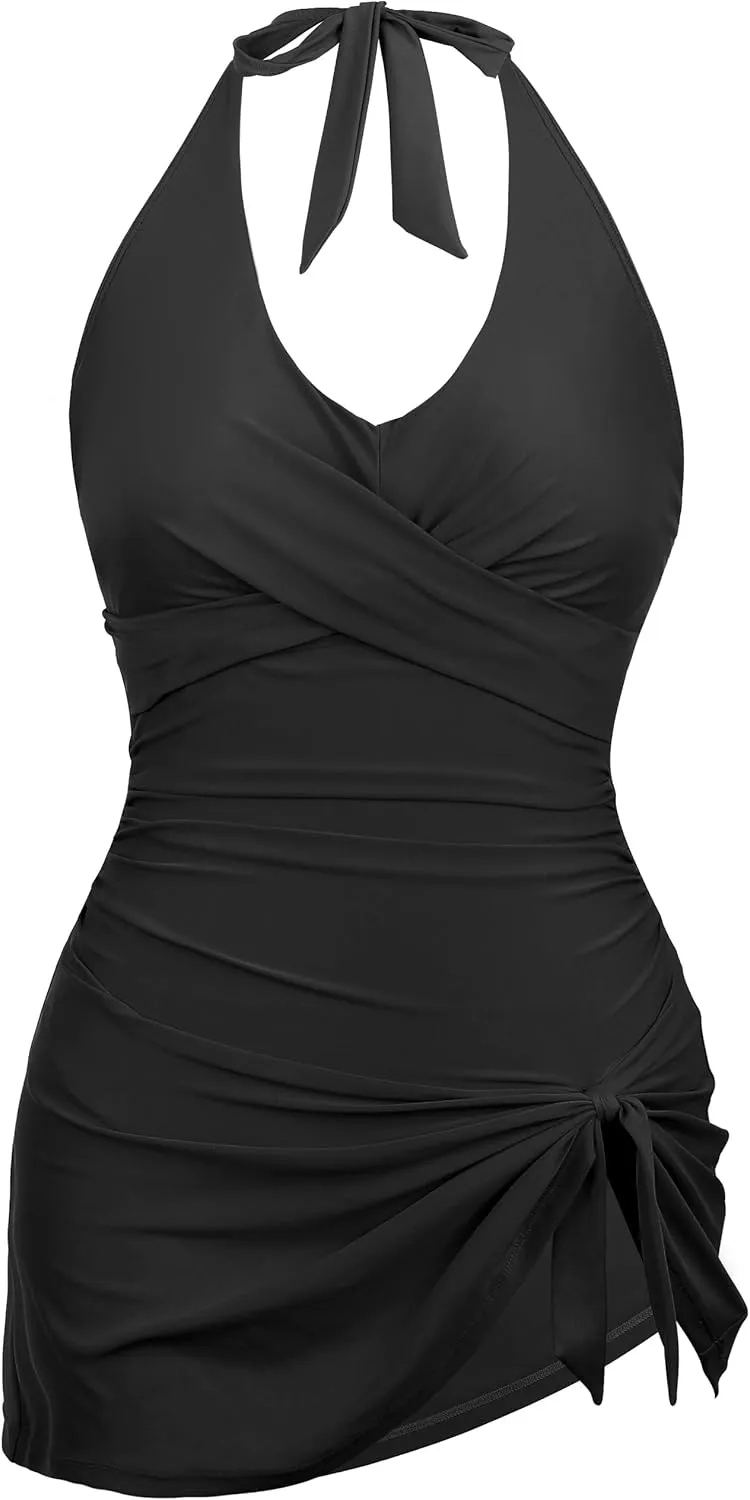 Firpearl Women's Underwire One Piece Swim Dress - Halter V Neck Skirt Bathing Suit Tummy Control Slimming Swimdress 2025