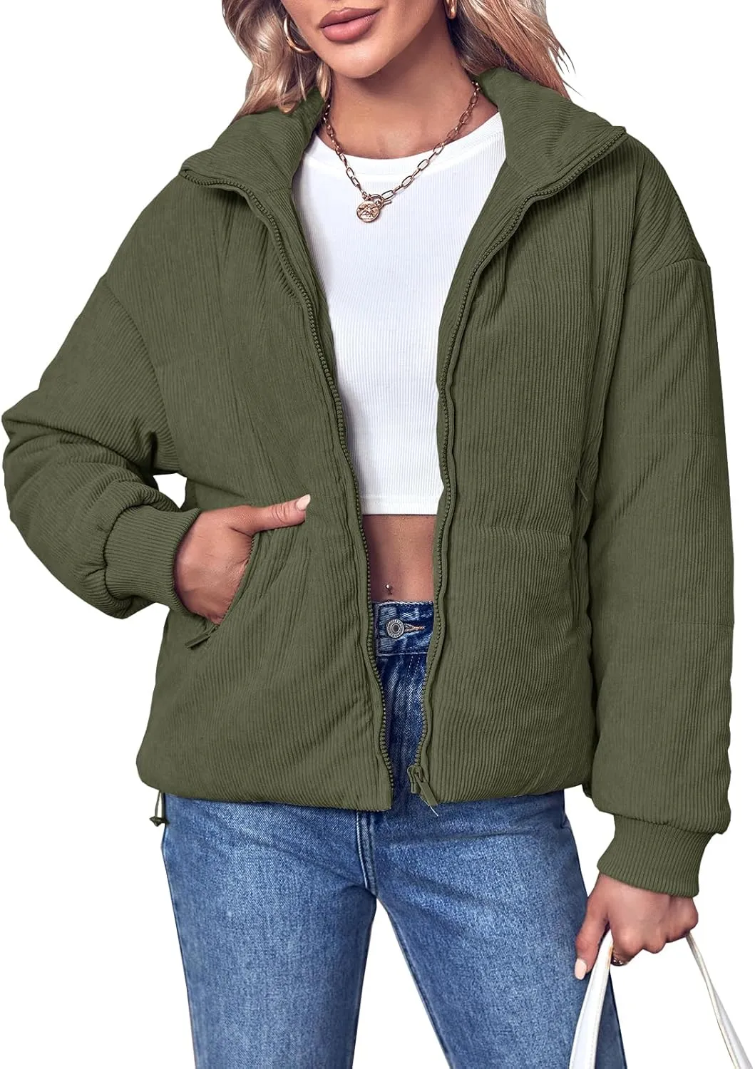 Fisoew Women's Corduroy Quilted Puffer Jackets Long Sleeve Zip Up Stand Winter Down Coat with Pockets