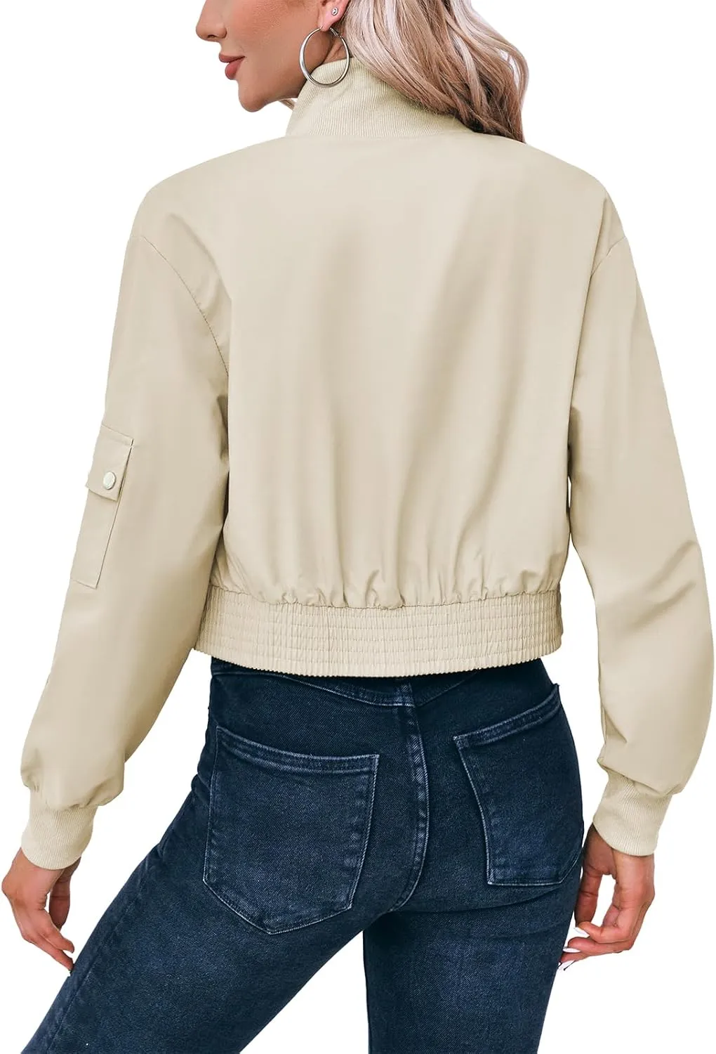 Fisoew Women's Cropped Bomber Jackets Lightweight Zip Up Stand Collar Long Sleeve Short Jacket with Pockets