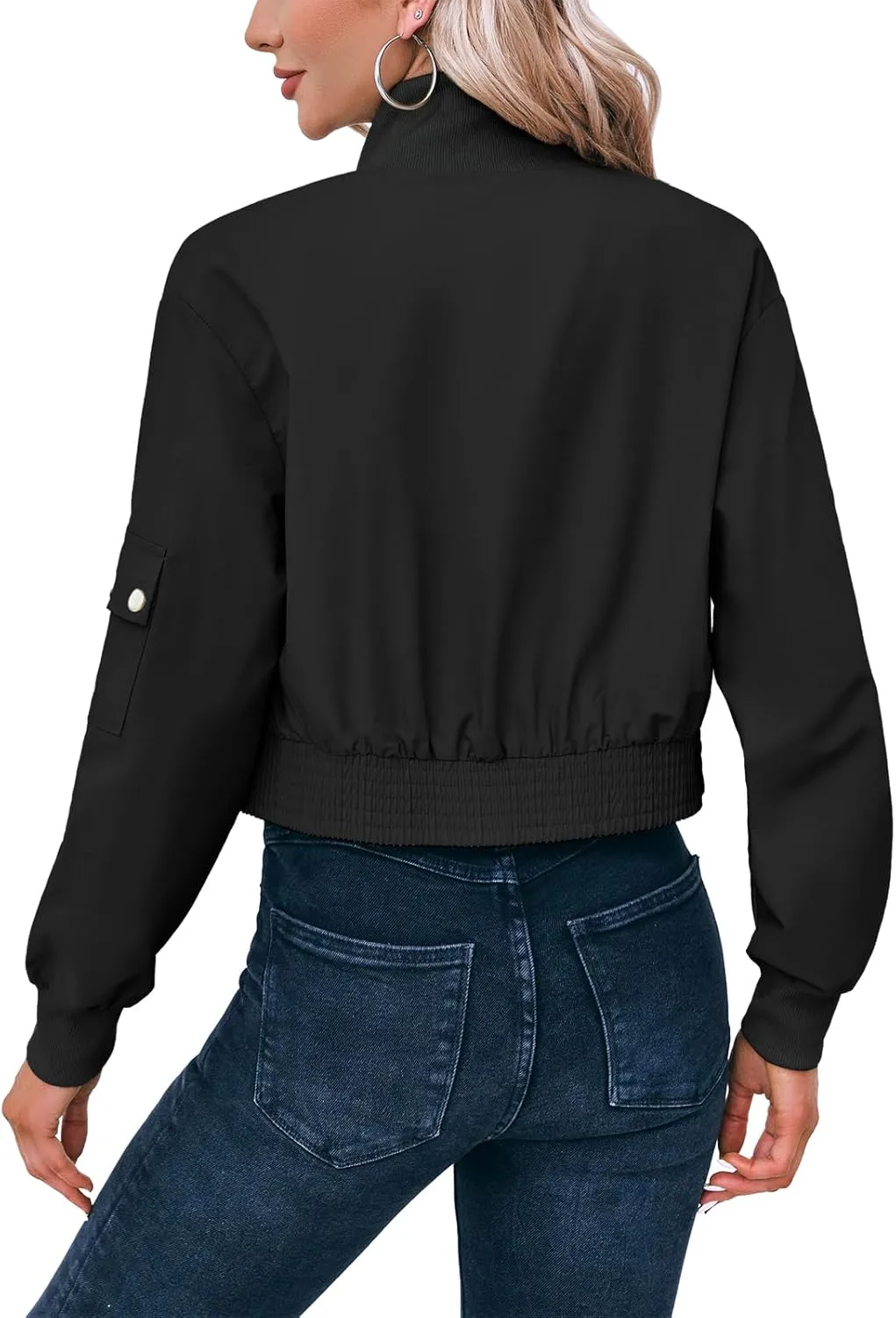 Fisoew Women's Cropped Bomber Jackets Lightweight Zip Up Stand Collar Long Sleeve Short Jacket with Pockets