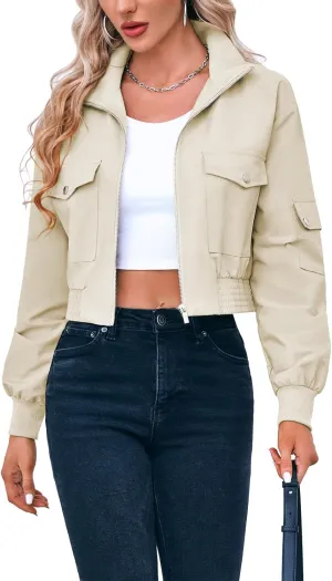 Fisoew Women's Cropped Bomber Jackets Lightweight Zip Up Stand Collar Long Sleeve Short Jacket with Pockets