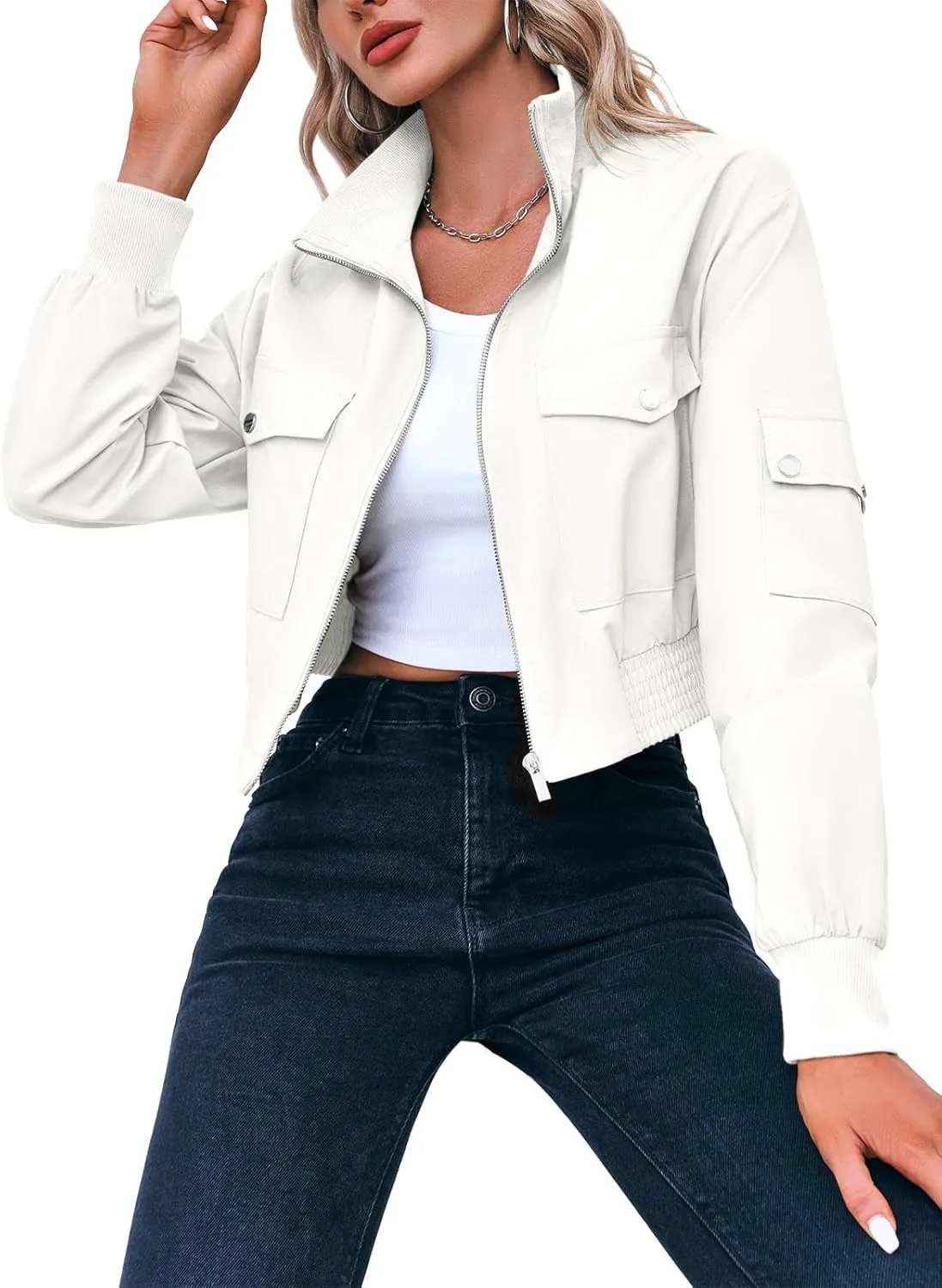 Fisoew Women's Cropped Bomber Jackets Lightweight Zip Up Stand Collar Long Sleeve Short Jacket with Pockets